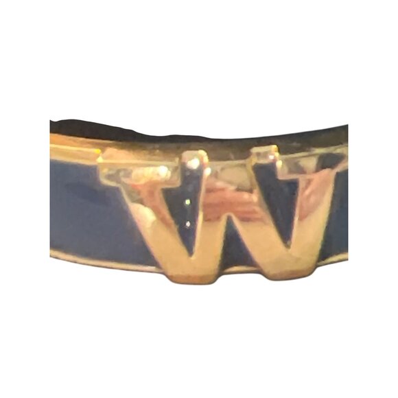 Gold Tone Blue Enamel Bangle Bracelet Clamper Initial Monogram W Hinged 7" - Picture 2 of 5
